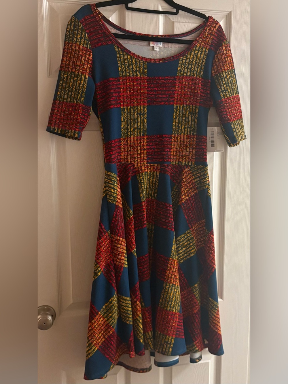 LuLaRoe Blue &Red Plaid Fit & Flare Dress with Red and Yellow Accents NWT!!!
